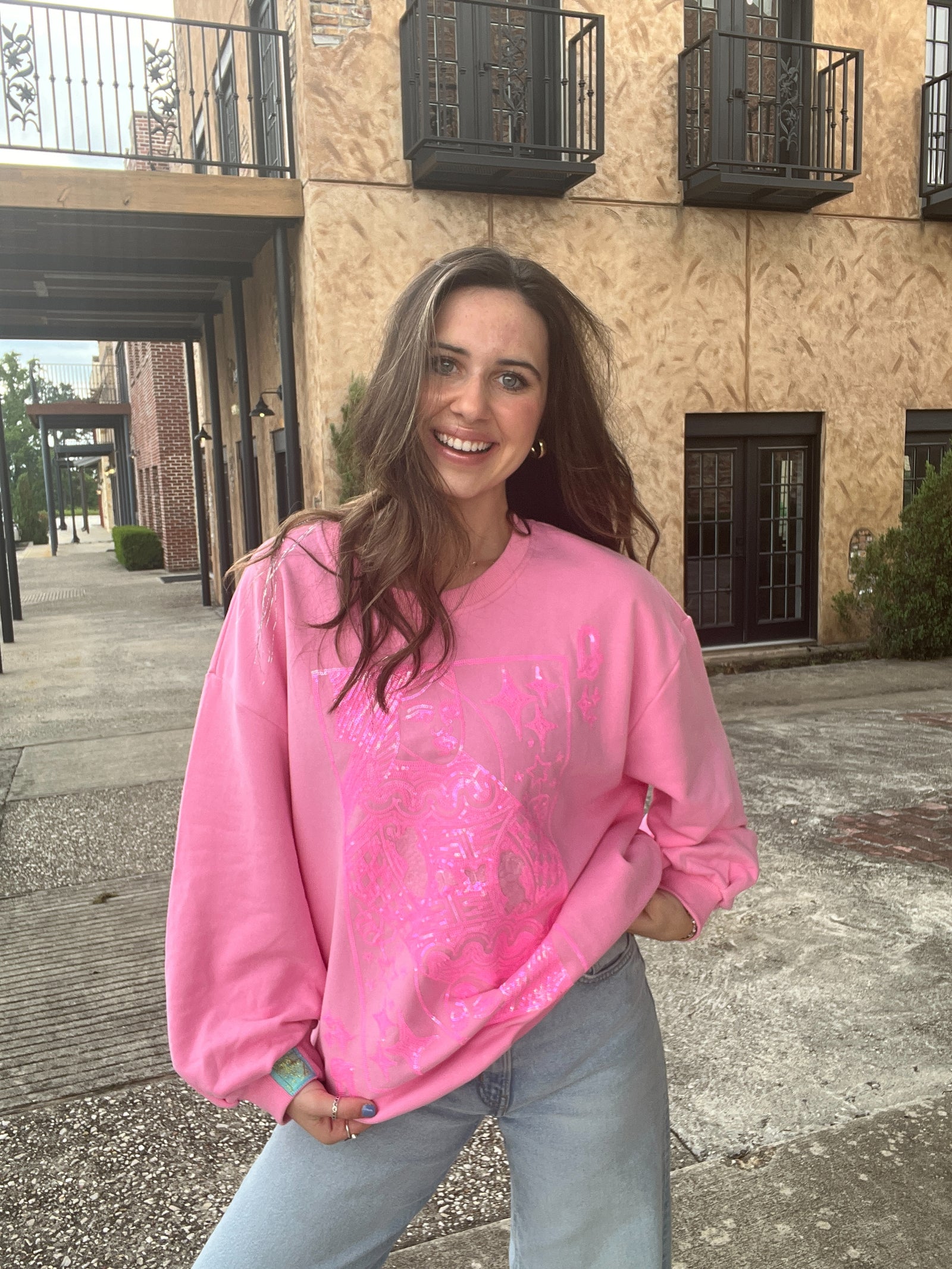 Queen of Sparkles Hot Pink Queen Card Logo Sweatshirt