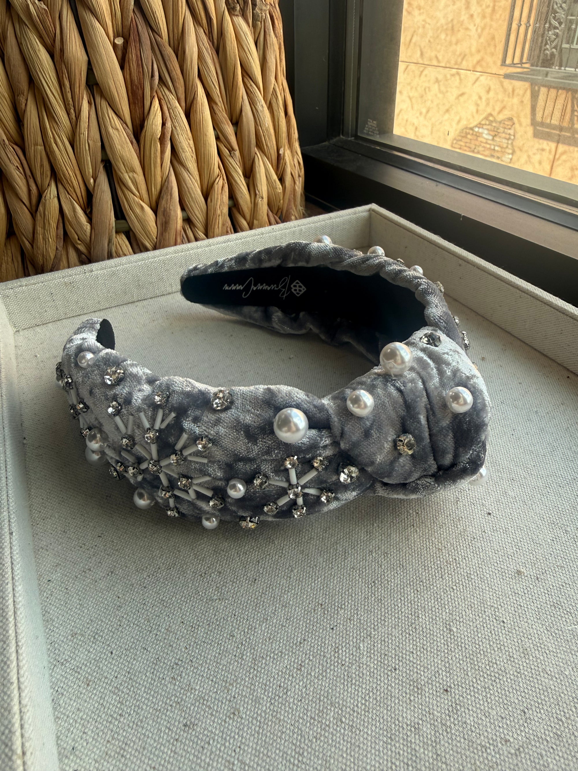 Brianna Cannon Crushed Velvet Headband with Snowflakes & Pearls