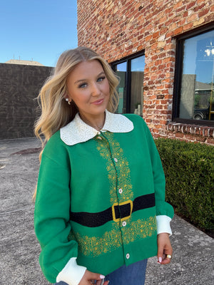 Queen of Sparkles Green Elf Collared Button Up Sweater