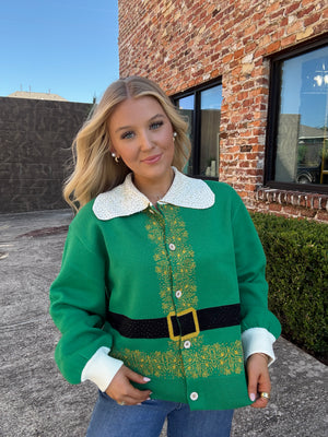 Queen of Sparkles Green Elf Collared Button Up Sweater