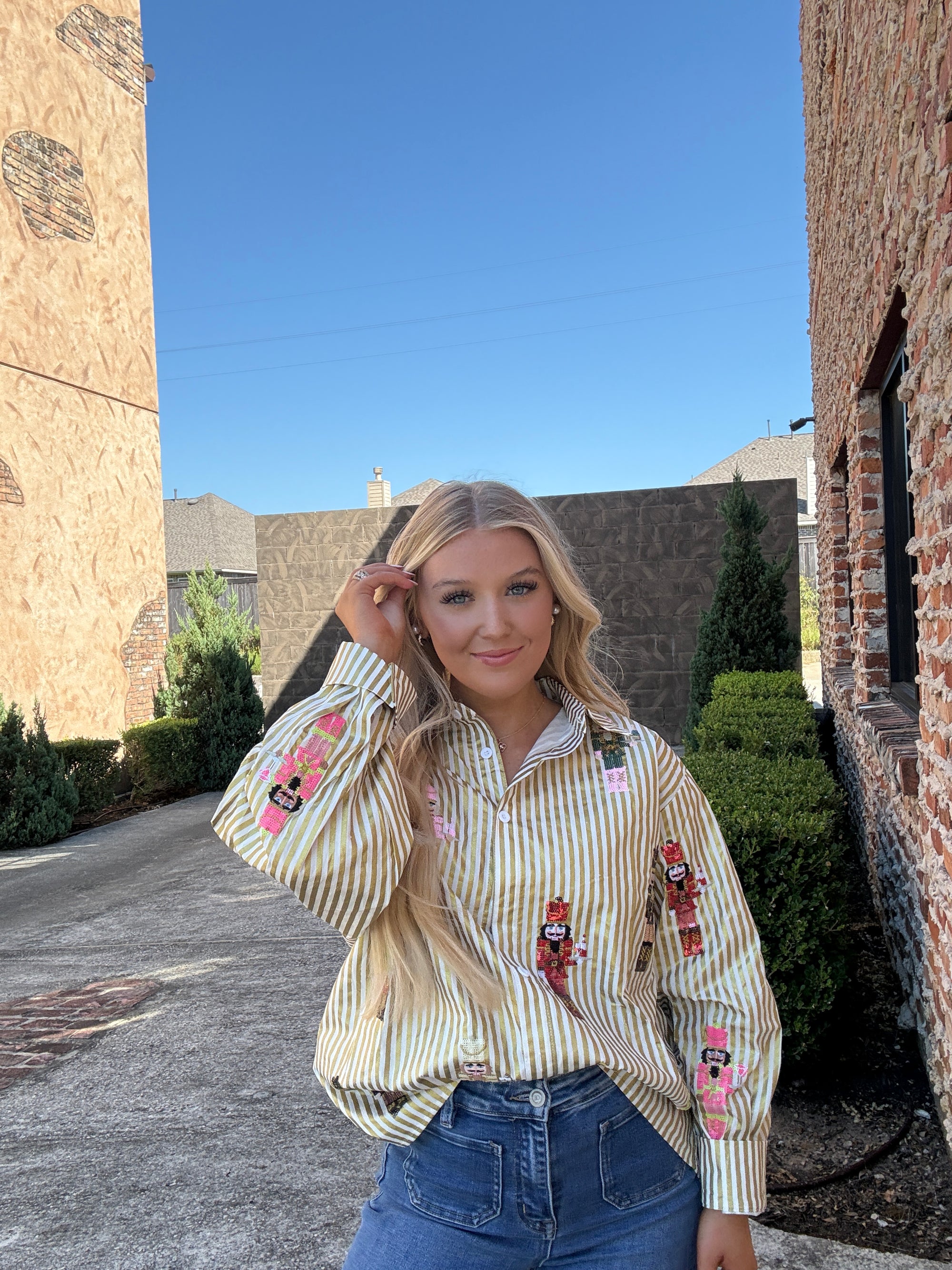Queen of Sparkles Gold Metallic Stripe Cocktail Serving Nutcracker Button Up Top