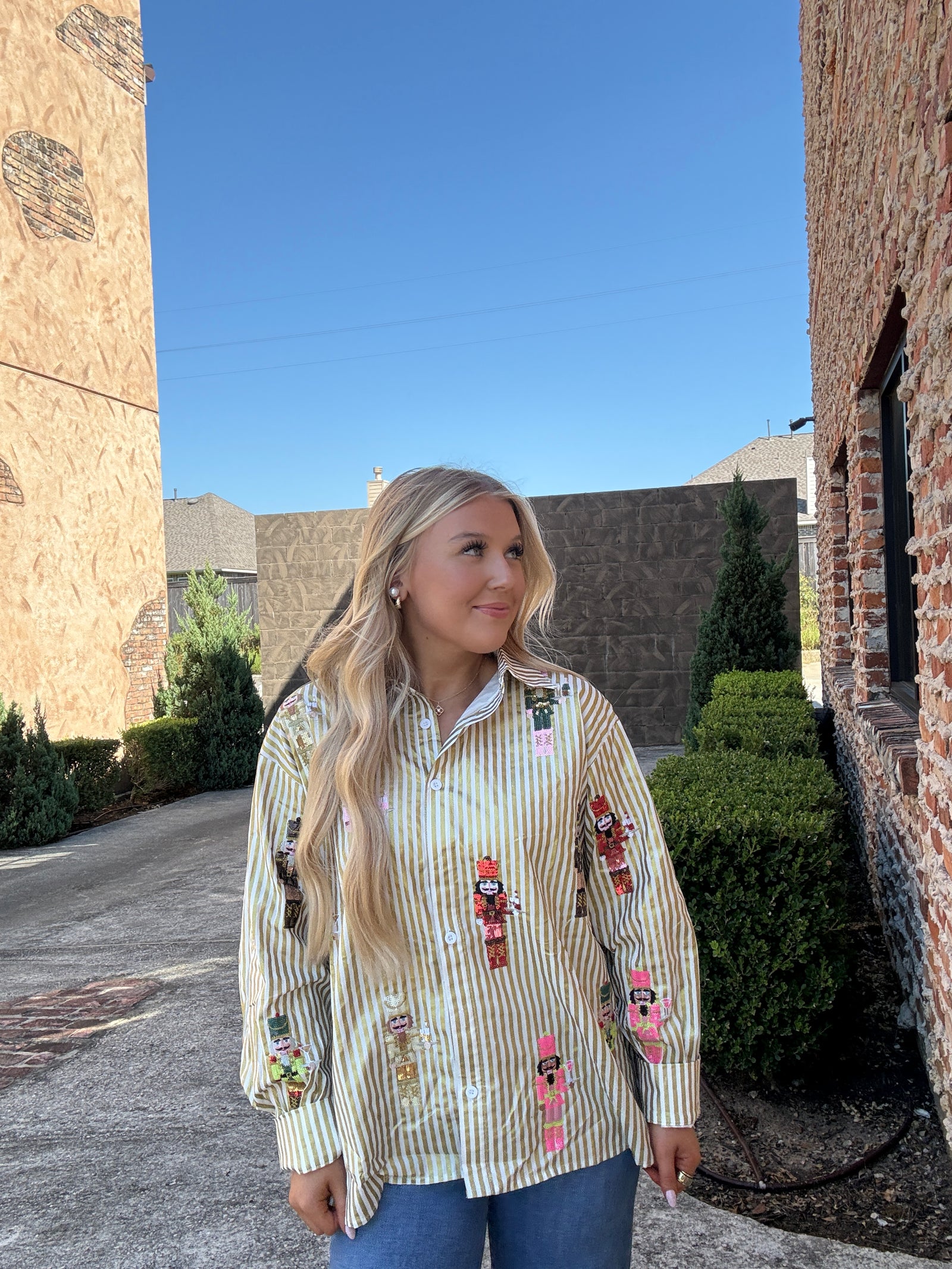 Queen of Sparkles Gold Metallic Stripe Cocktail Serving Nutcracker Button Up Top