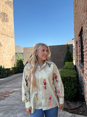 Queen of Sparkles Gold Metallic Stripe Cocktail Serving Nutcracker Button Up Top