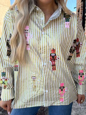 Queen of Sparkles Gold Metallic Stripe Cocktail Serving Nutcracker Button Up Top