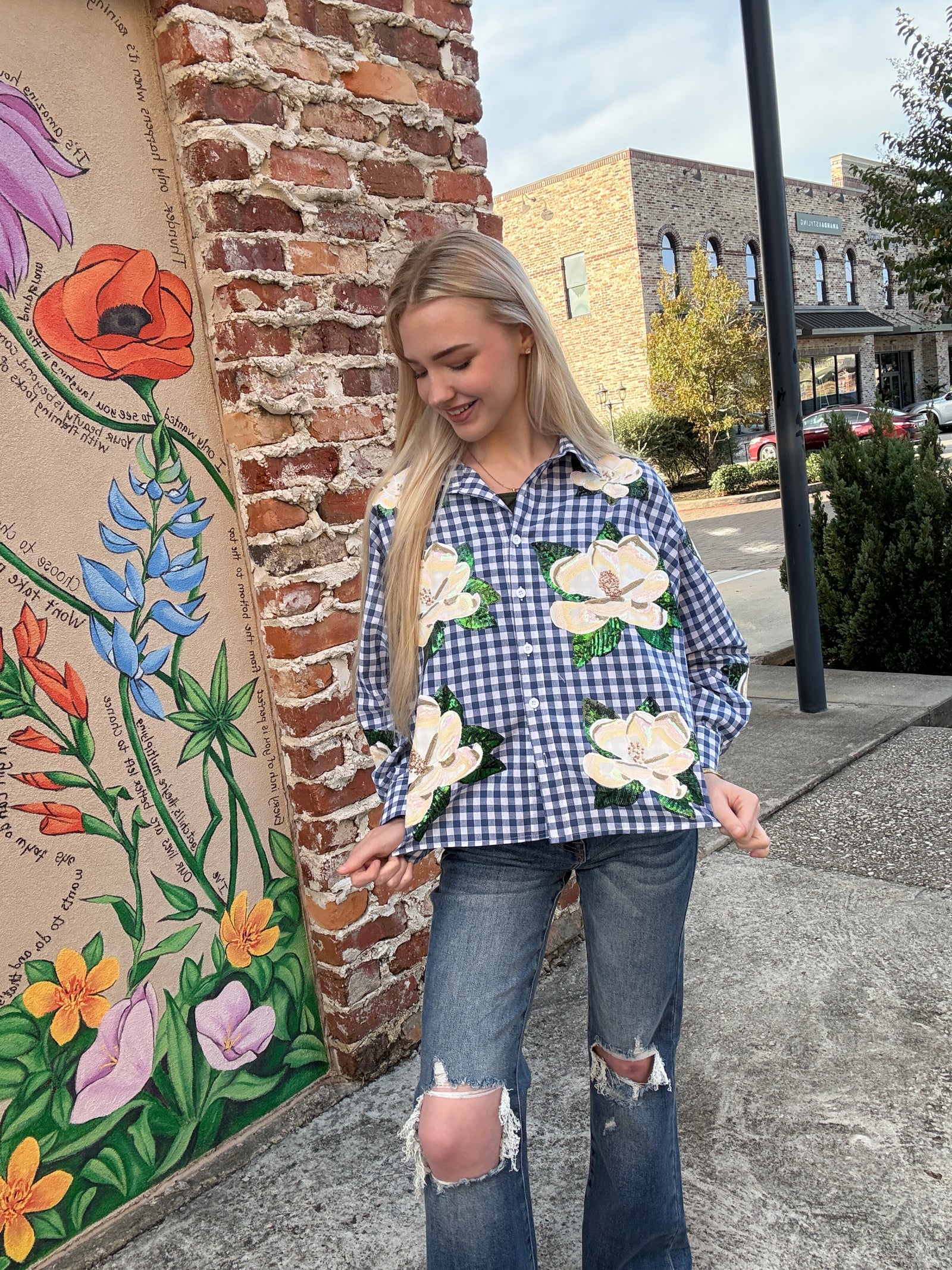 Queen of Sparkles Blue & White Checkered Scattered Magnolia Button Up Top