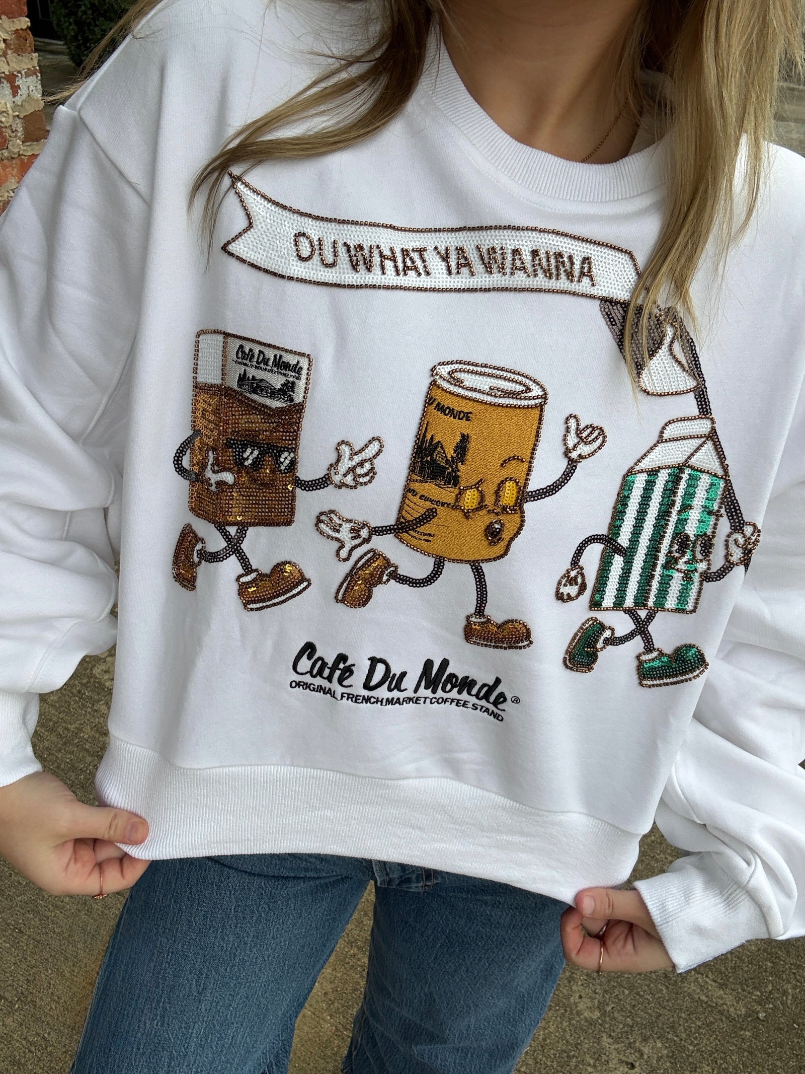 Queen of Sparkles Licensed White "Du What You Wanna' Cafe Du Monde Sweatshirt