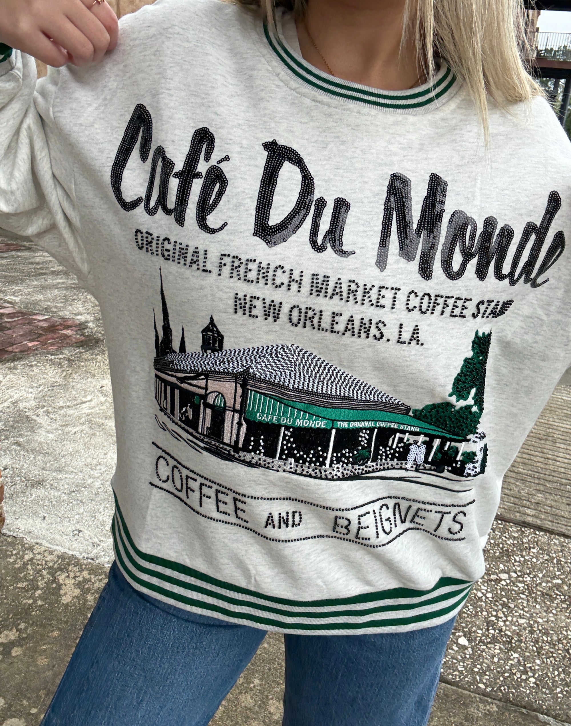 Queen of Sparkles Grey Sport Stripe 'Cafe Du Monde' Sweatshirt