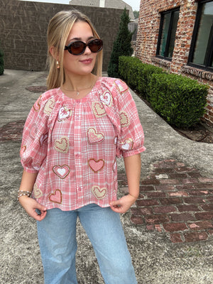 Queen of Sparkles Light Pink & White Plaid Heart Cookies Button Up Top