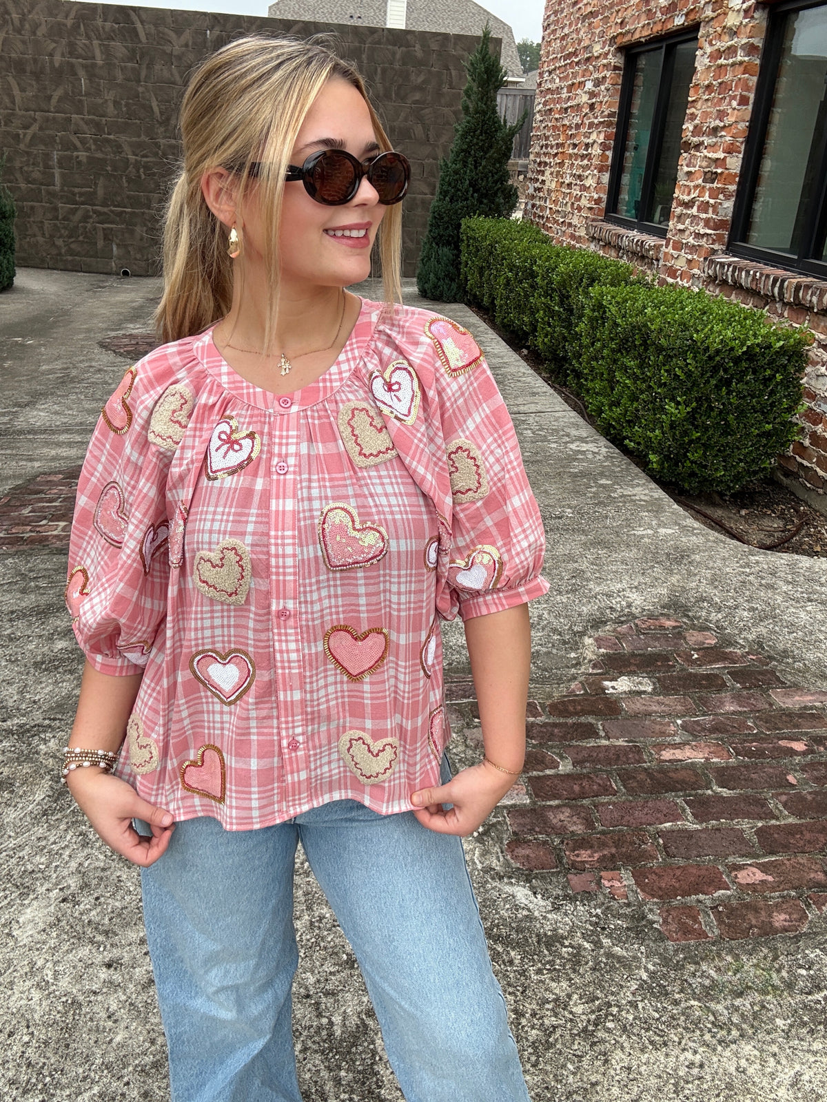 Queen of Sparkles Light Pink & White Plaid Heart Cookies Button Up Top