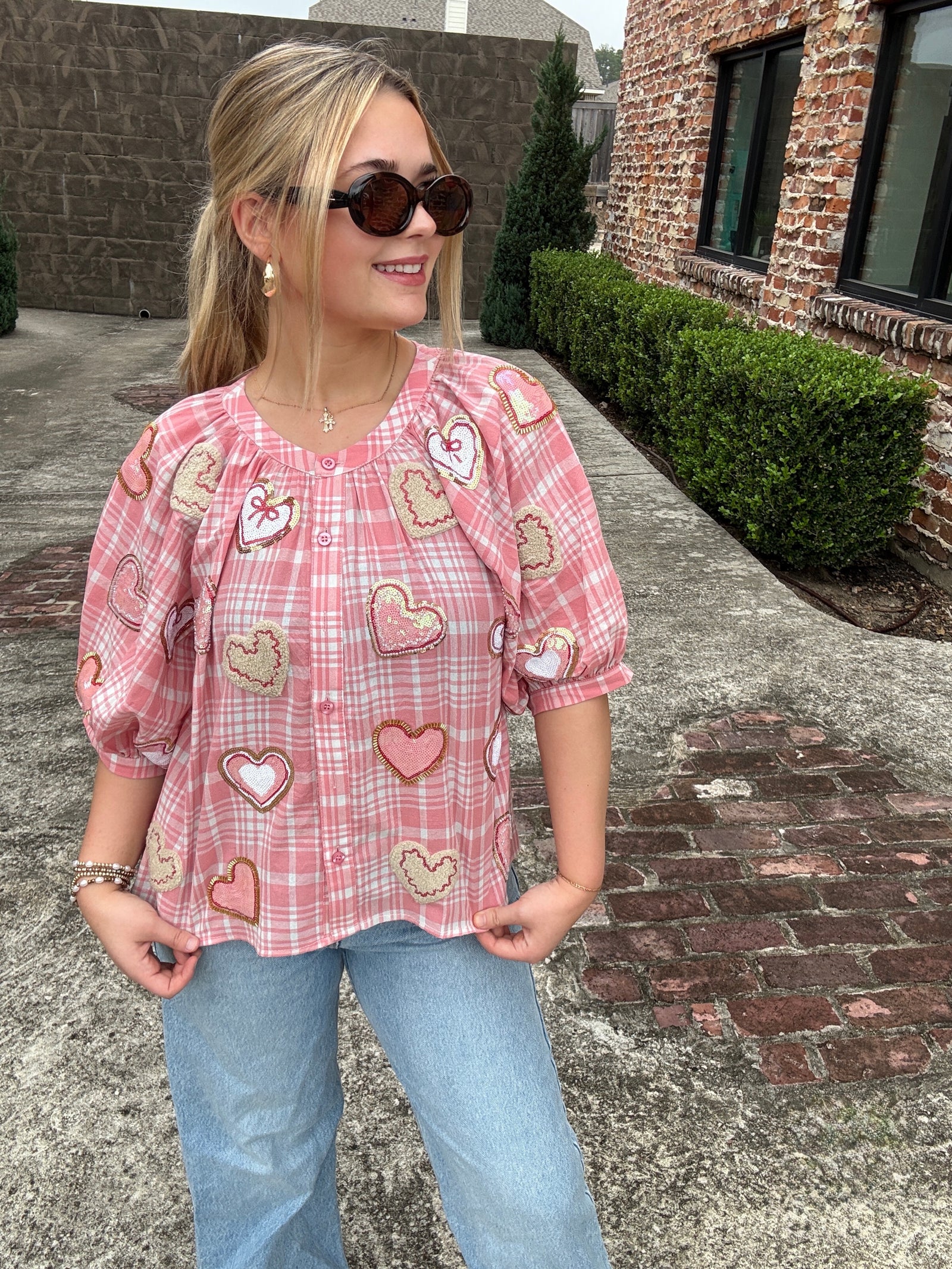 Queen of Sparkles Light Pink & White Plaid Heart Cookies Button Up Top