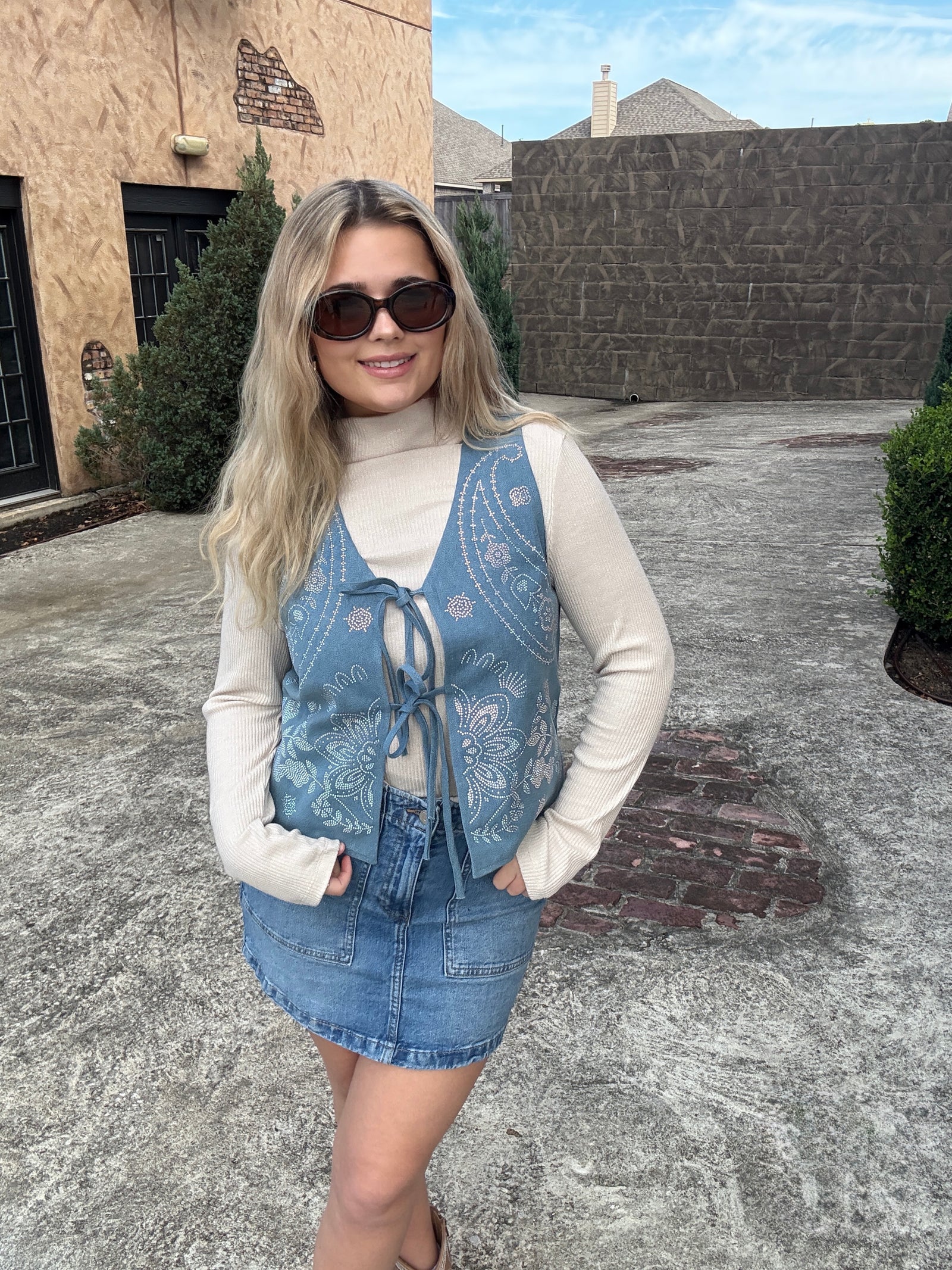 Queen of Sparkles Denim Sequin Paisley Print Tie Tank