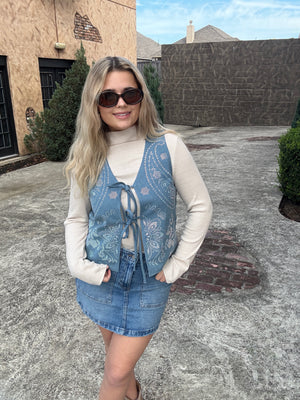 Queen of Sparkles Denim Sequin Paisley Print Tie Tank