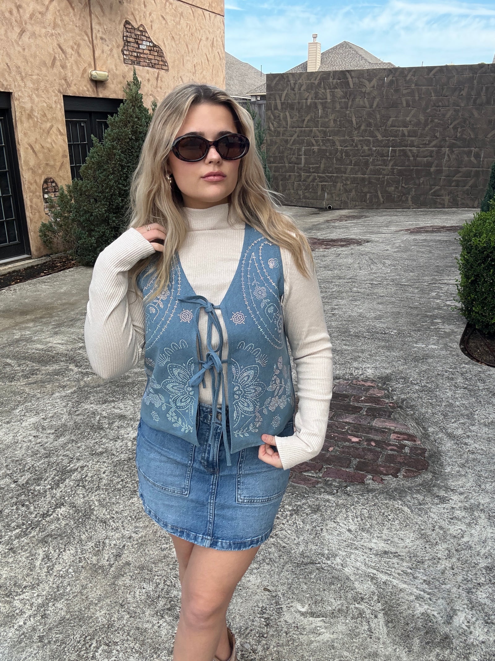 Queen of Sparkles Denim Sequin Paisley Print Tie Tank