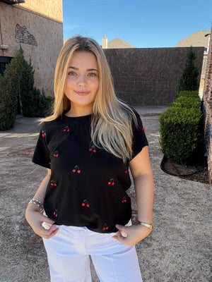 Queen of Sparkles Black Mini Jeweled Cherry Tee