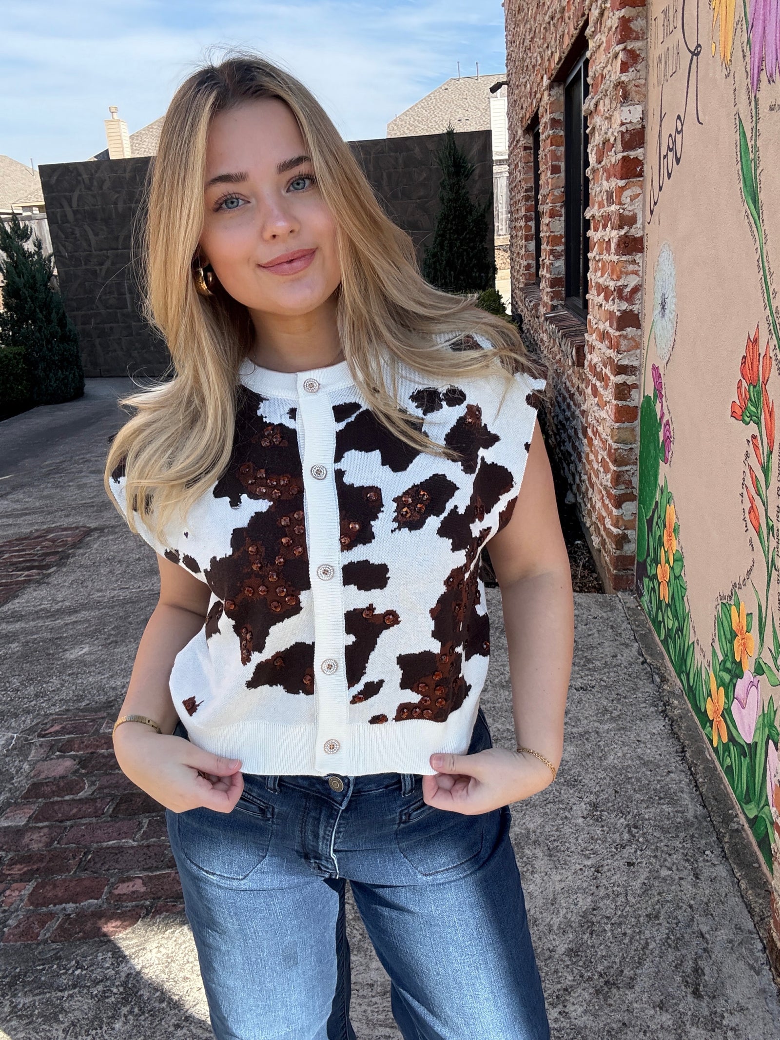 Queen of Sparkles White & Brown Sequin Cow Print Button Up Vest