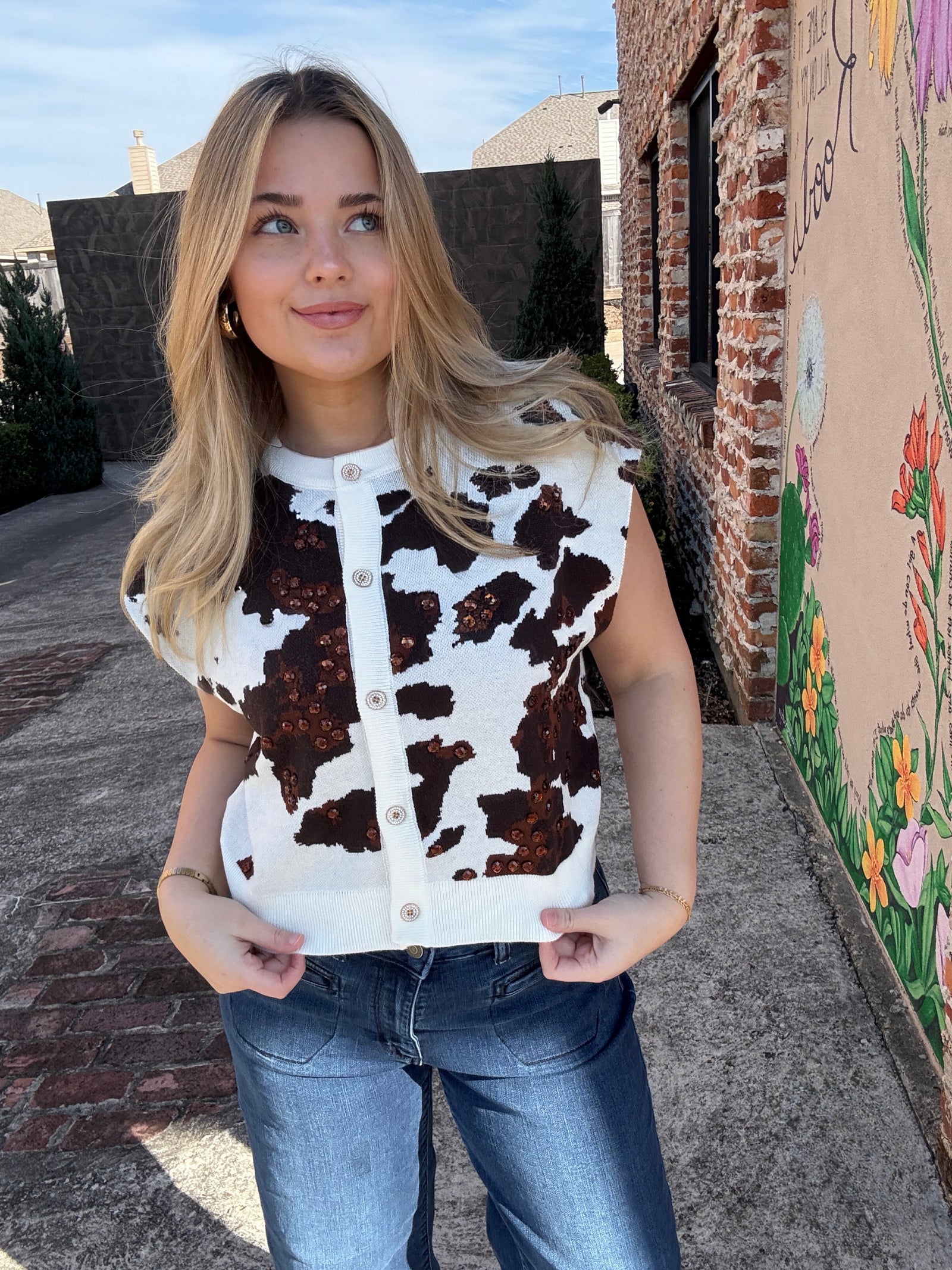 Queen of Sparkles White & Brown Sequin Cow Print Button Up Vest