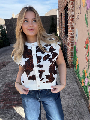 Queen of Sparkles White & Brown Sequin Cow Print Button Up Vest