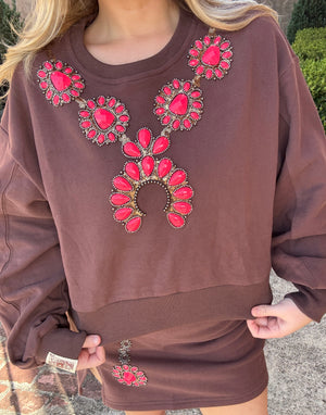 Queen of Sparkles Brown & Pink Jeweled Necklace Sweatshirt