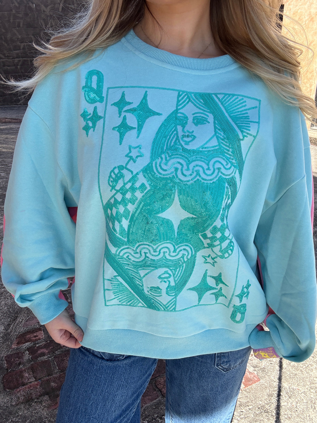 Queen of Sparkles Aqua & Pink Colorblock QOS Logo Card Sweatshirt