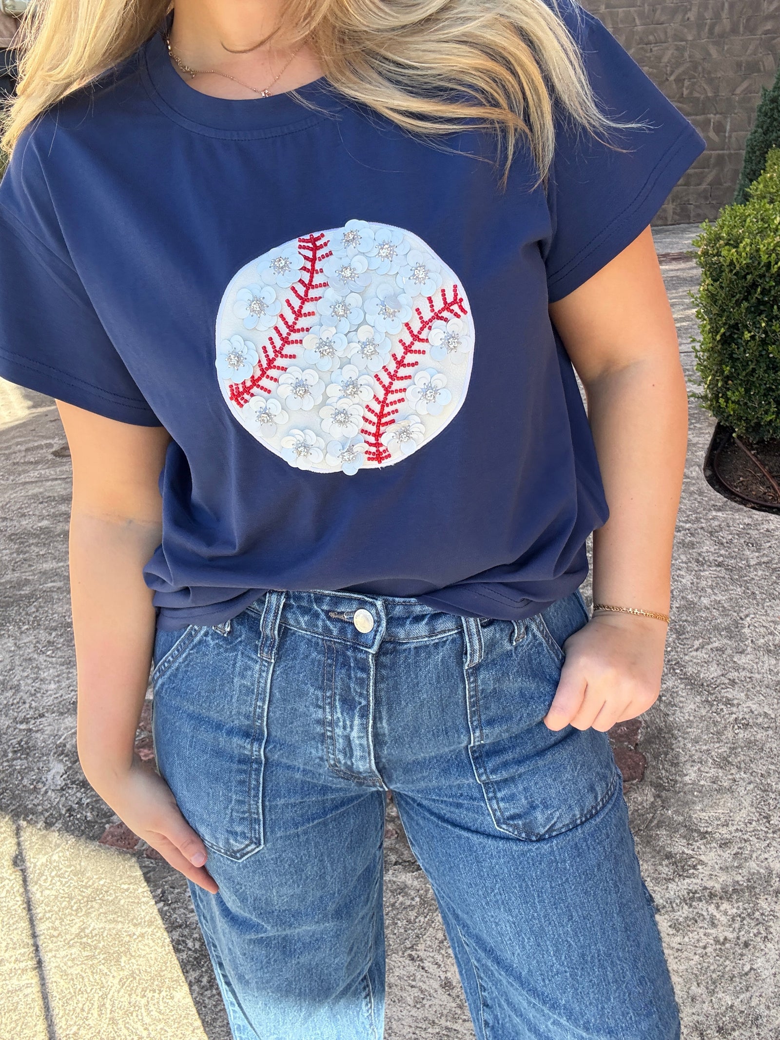 Queen of Sparkles Navy Flower Baseball Tee