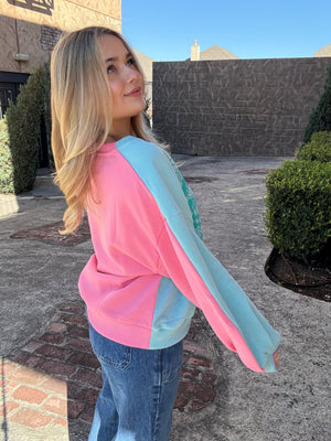 Queen of Sparkles Aqua & Pink Colorblock QOS Logo Card Sweatshirt
