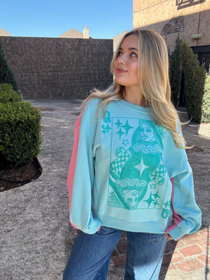 Queen of Sparkles Aqua & Pink Colorblock QOS Logo Card Sweatshirt