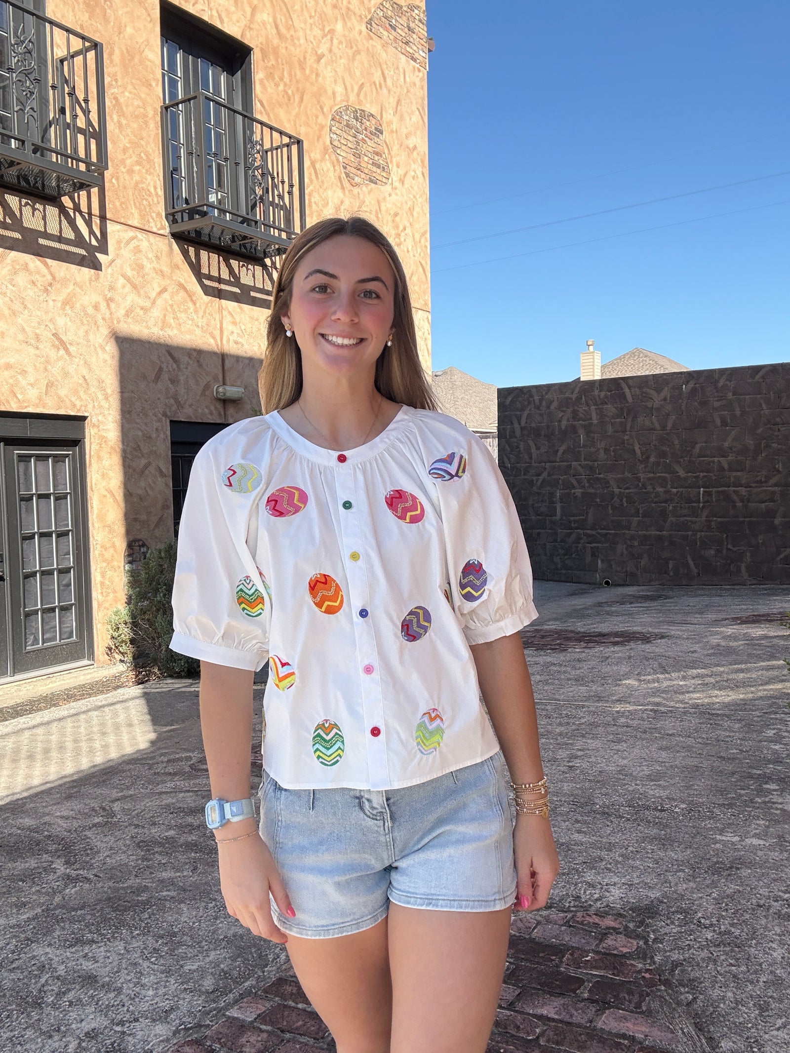 Queen of Sparkles White Multi Easter Egg Button Up Cotton Top