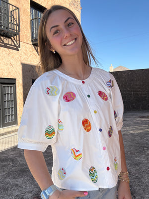 Queen of Sparkles White Multi Easter Egg Button Up Cotton Top