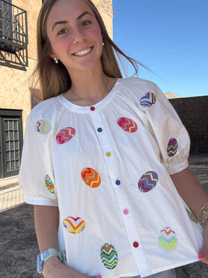 Queen of Sparkles White Multi Easter Egg Button Up Cotton Top