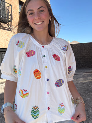 Queen of Sparkles White Multi Easter Egg Button Up Cotton Top