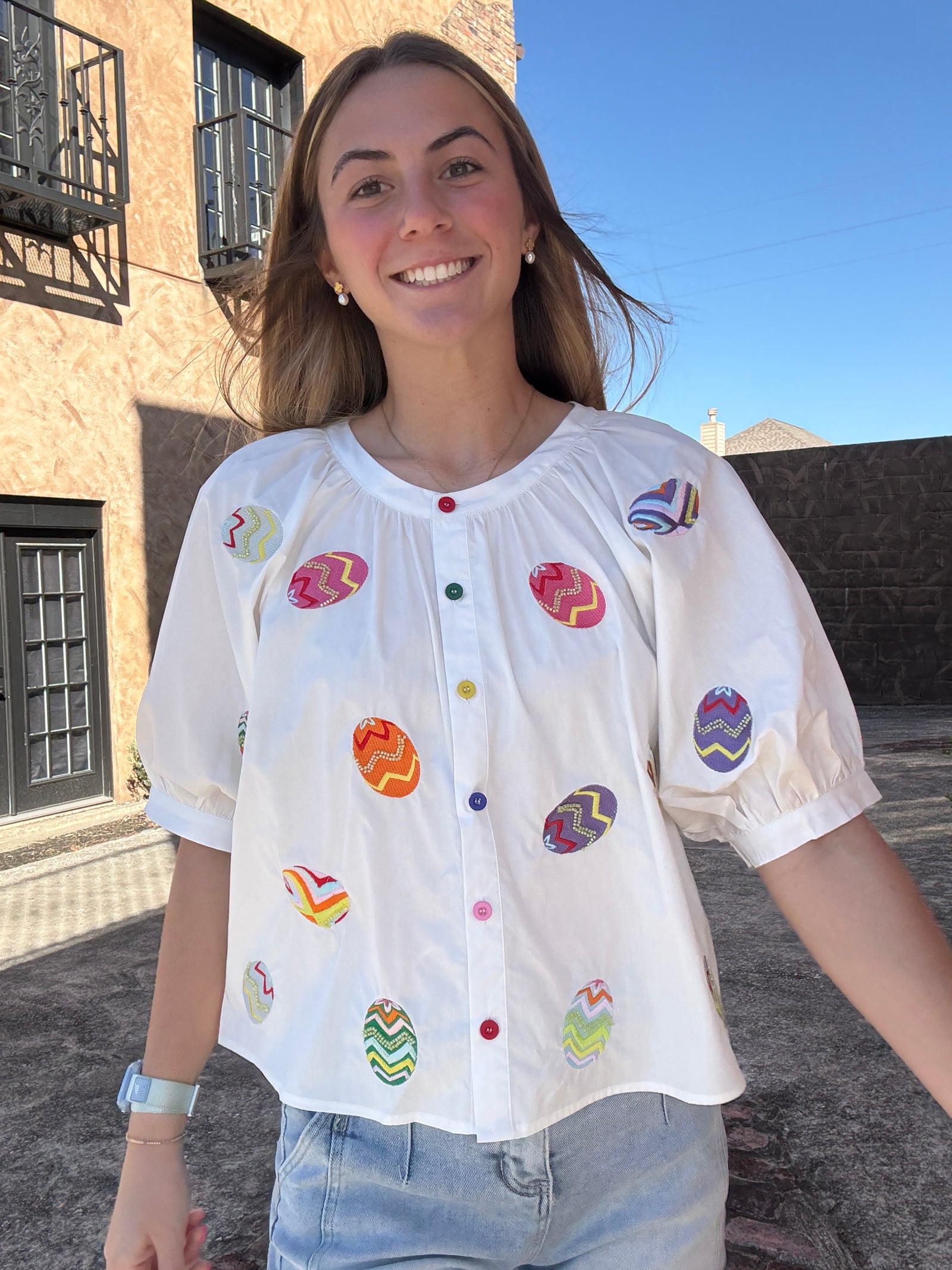 Queen of Sparkles White Multi Easter Egg Button Up Cotton Top
