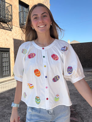 Queen of Sparkles White Multi Easter Egg Button Up Cotton Top