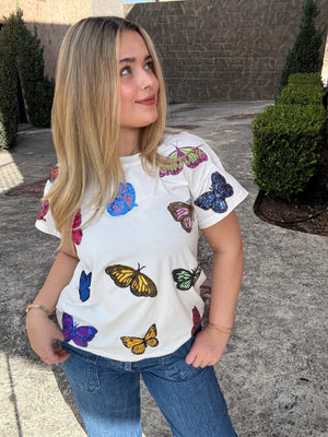 Queen of Sparkles White Multi Butterfly Tee