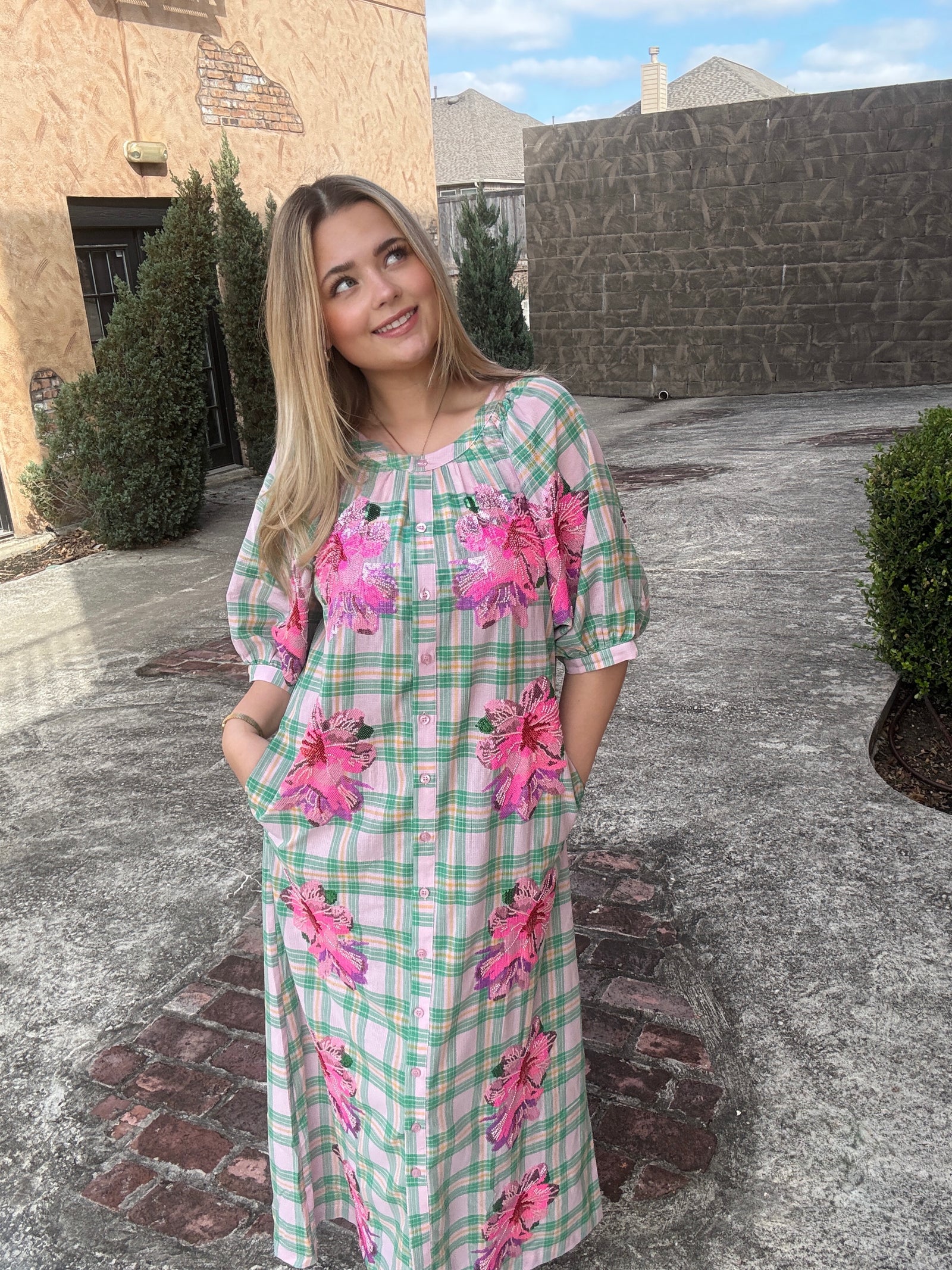 Queen of Sparkles Plaid Azalea Button Up Midi Cotton Dress