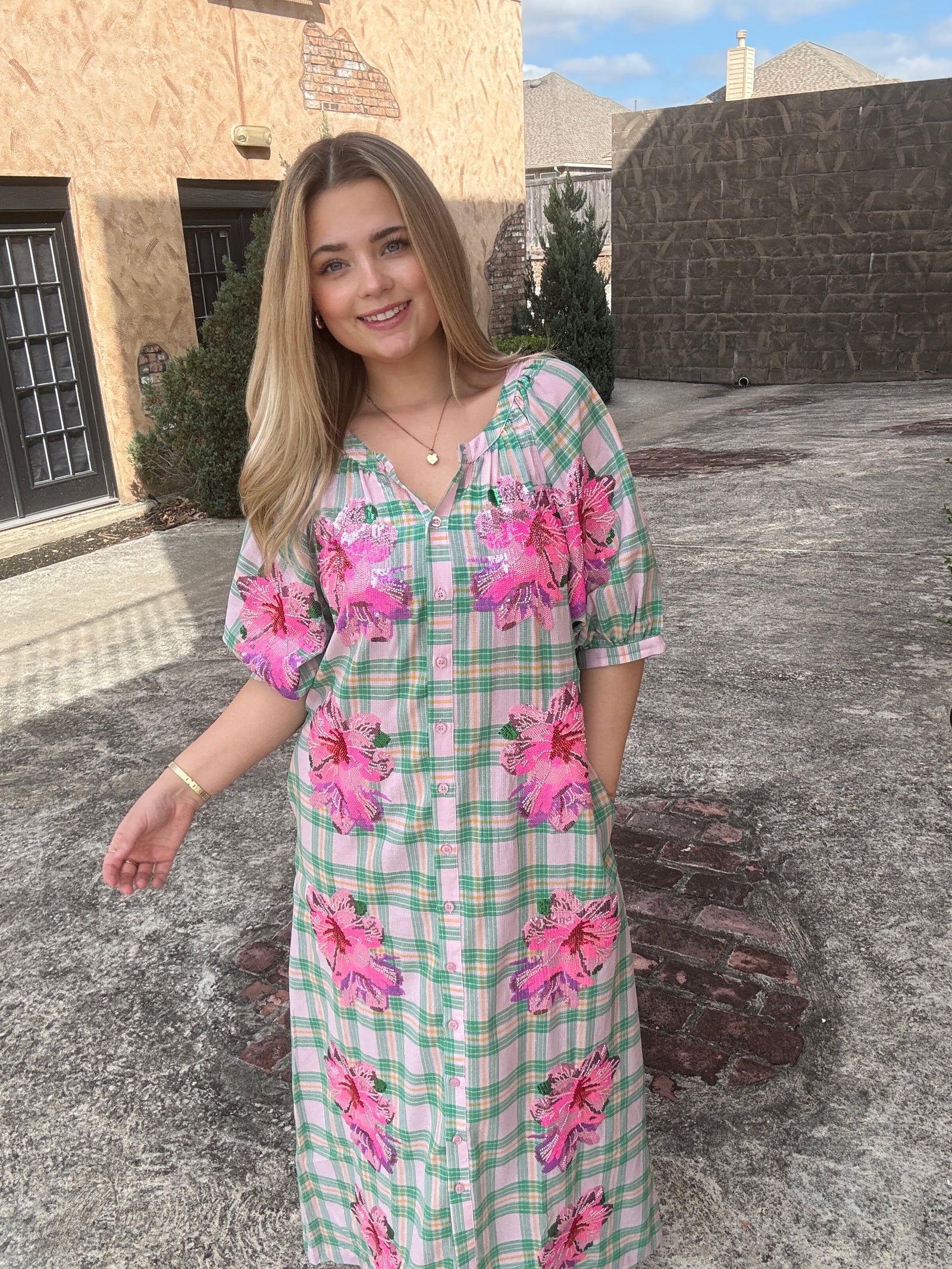 Queen of Sparkles Plaid Azalea Button Up Midi Cotton Dress