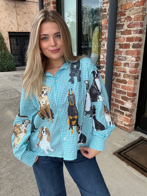 Queen of Sparkles Aqua Gingham Queen of Dogs Button Up Long Sleeve Top