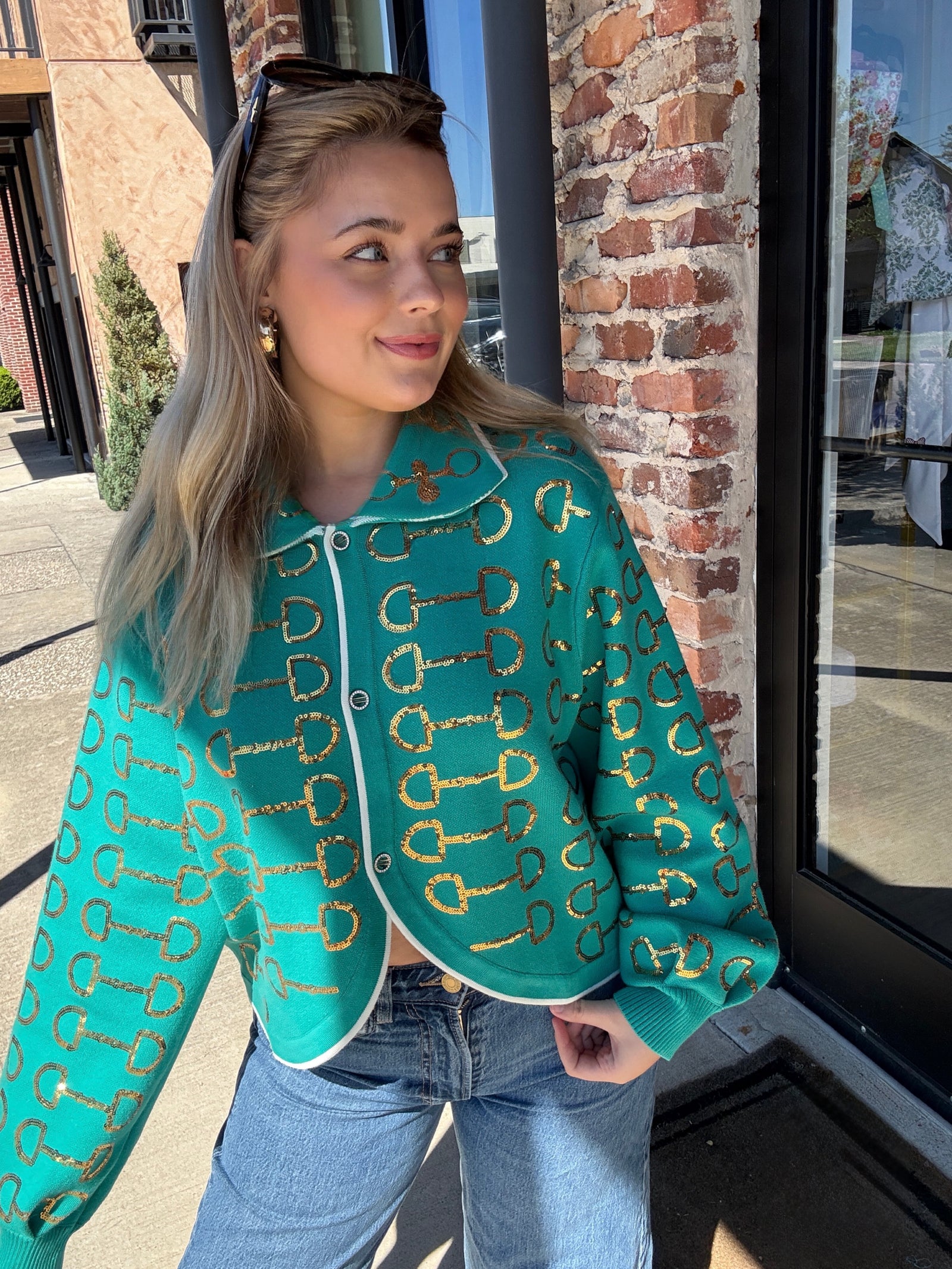 Queen of Sparkles Mint & Gold Horse Bit Button Up Knit Collar Sweater