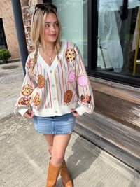 Queen of Sparkles Ivory & Rainbow Striped Cookie Button Up Cardigan