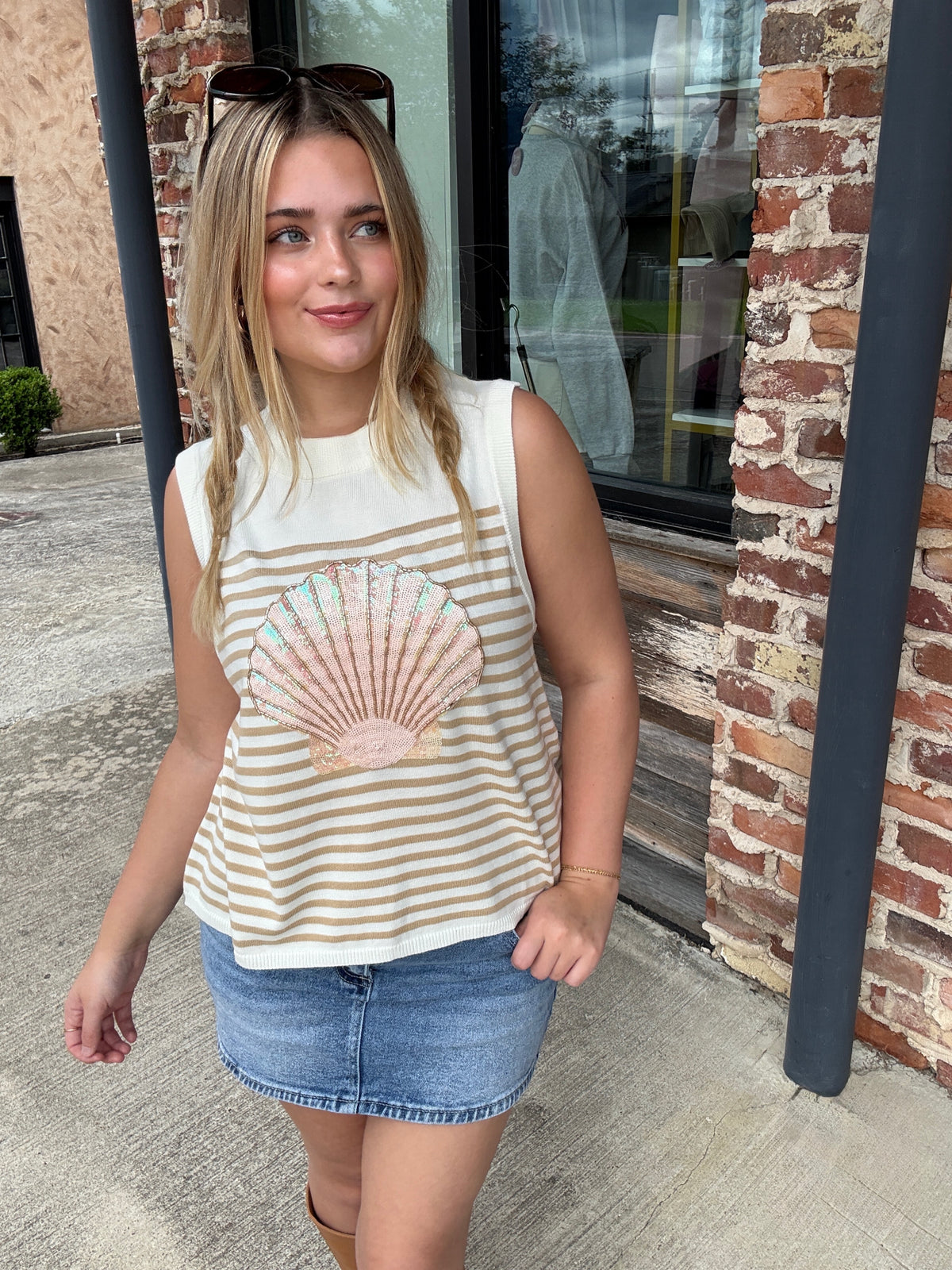 Queen of Sparkles Ivory & Tan Striped Shell Knit Tank