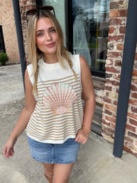 Queen of Sparkles Ivory & Tan Striped Shell Knit Tank