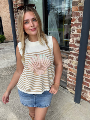 Queen of Sparkles Ivory & Tan Striped Shell Knit Tank