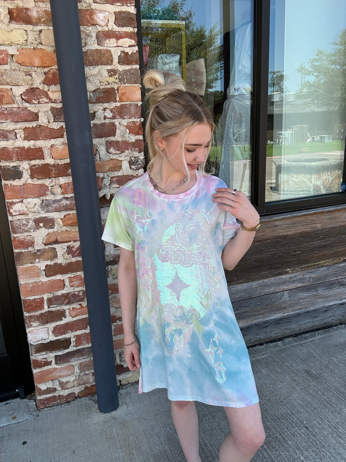 Queen of Sparkles Multi Tie Dye QOS Logo Card Tee Dress