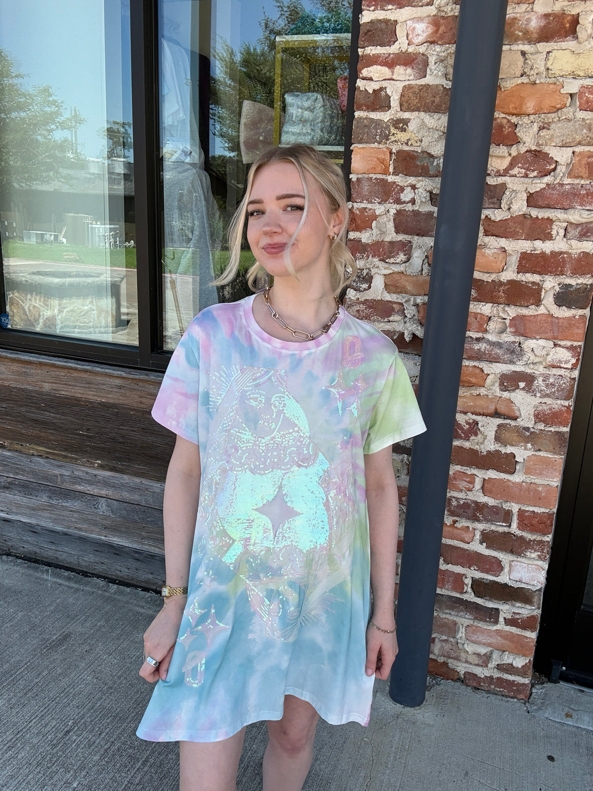 Queen of Sparkles Multi Tie Dye QOS Logo Card Tee Dress
