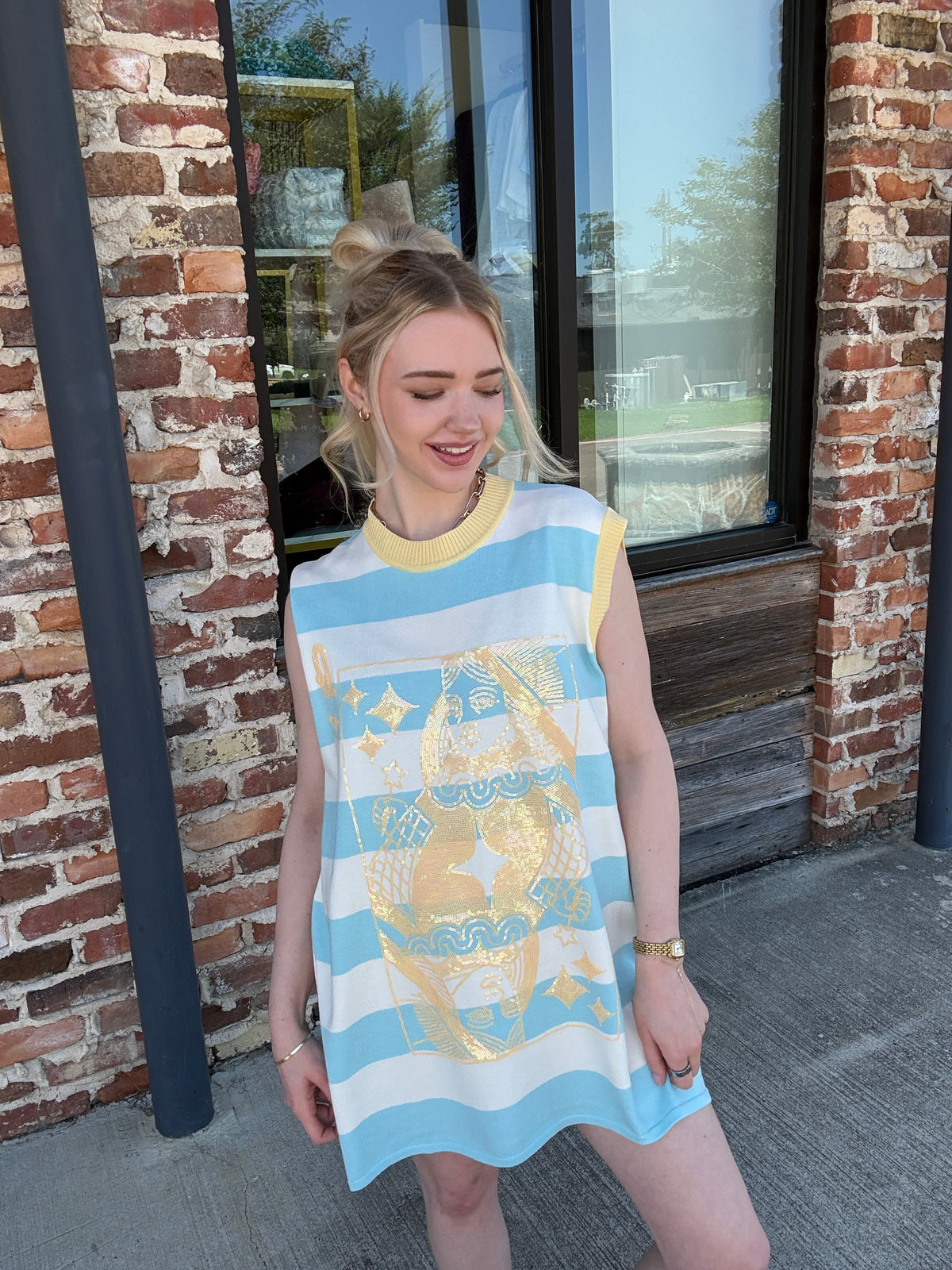 Queen of Sparkles Blue, White & Yellow QOS Card Logo Knit Tank Dress
