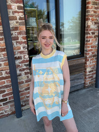 Queen of Sparkles Blue, White & Yellow QOS Card Logo Knit Tank Dress