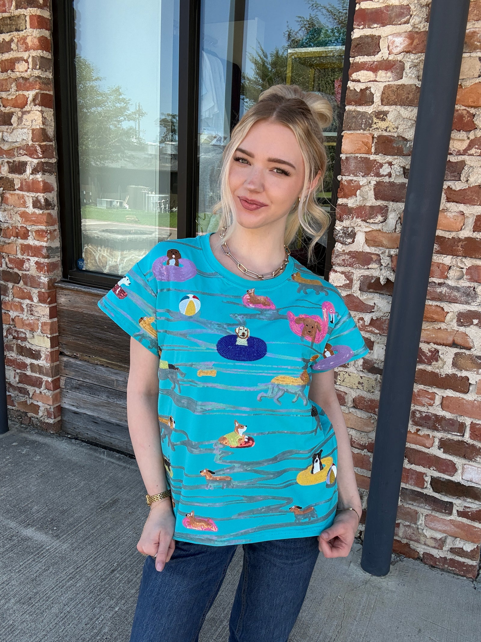 Queen of Sparkles Aqua Dogs on Tubes Swimming Tee