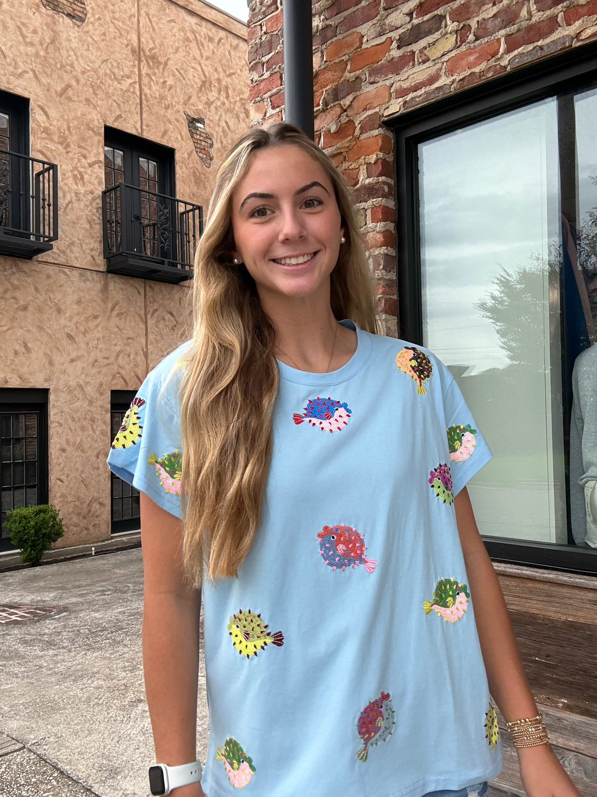 Queen of Sparkles Light Blue Puffer Fish Tee