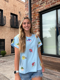 Queen of Sparkles Light Blue Puffer Fish Tee