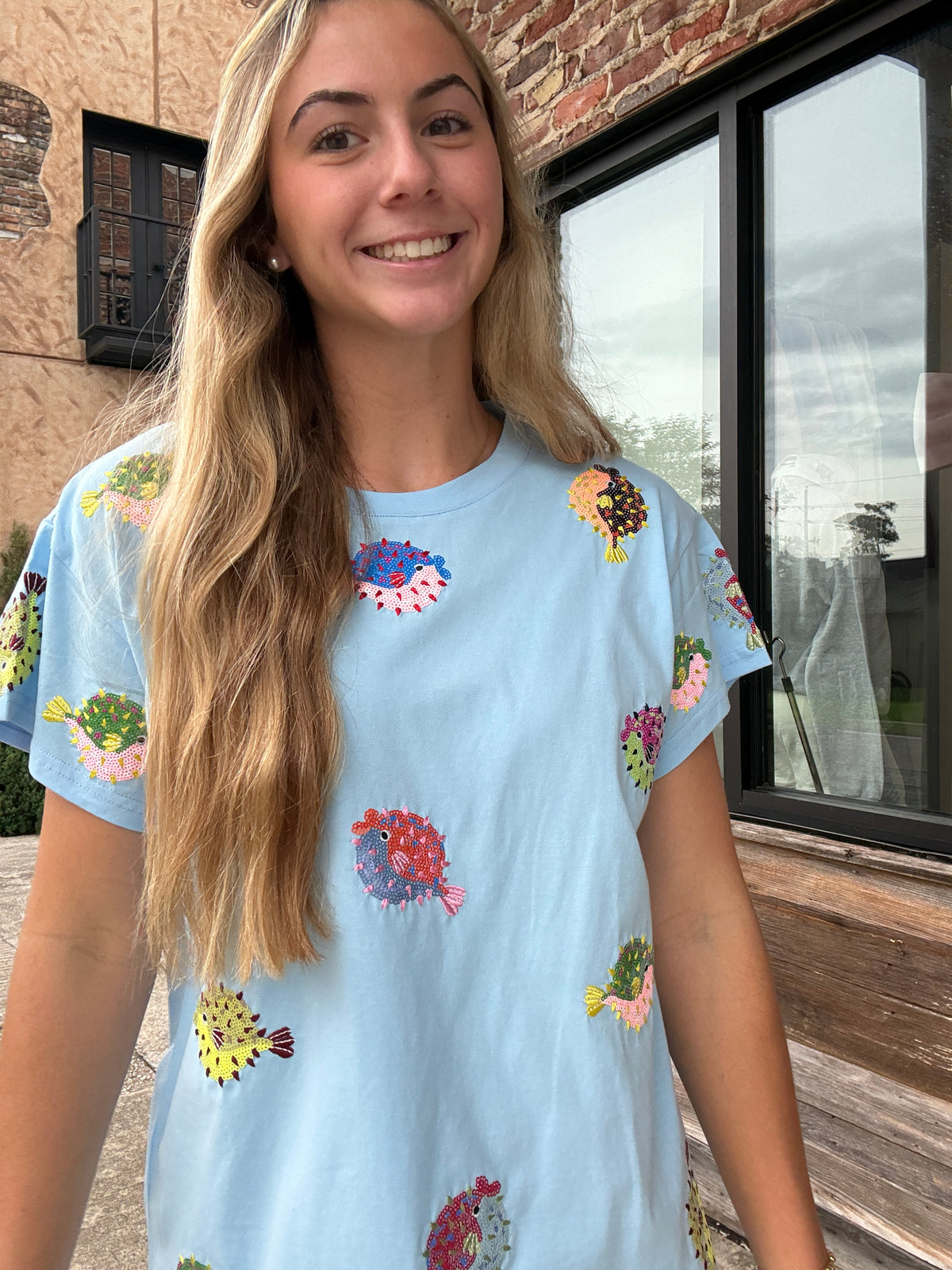 Queen of Sparkles Light Blue Puffer Fish Tee