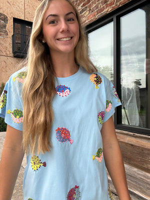 Queen of Sparkles Light Blue Puffer Fish Tee